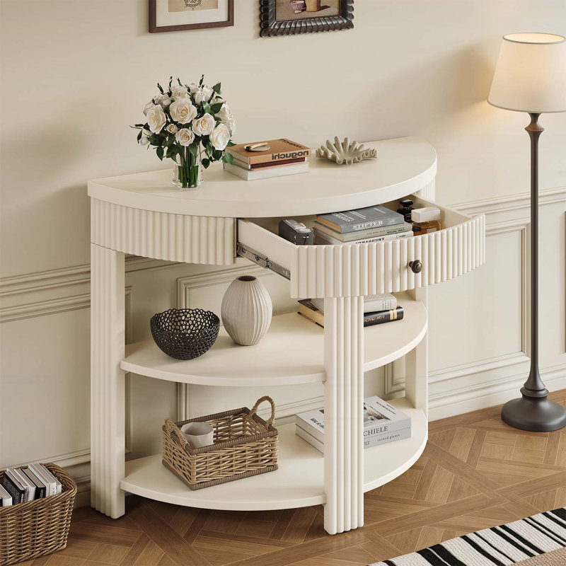 Console cannelée demi-lune avec tiroir et 2 tablettes, pour hall d'entrée et couloir, crème, Crème, Crème, Crème