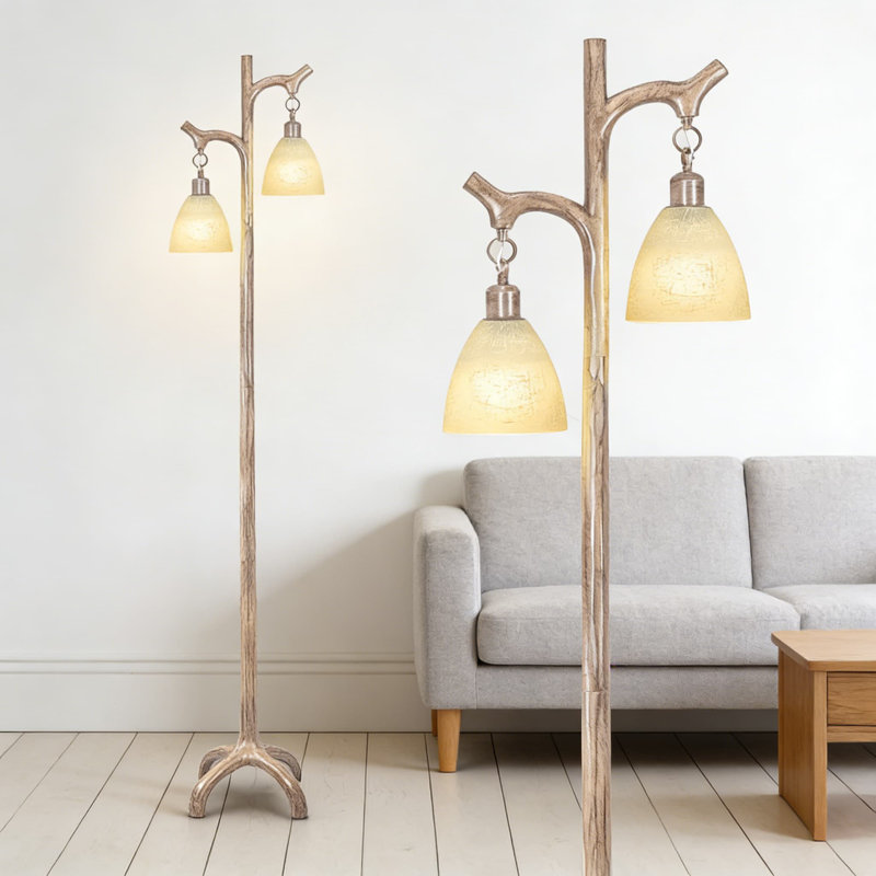 Lampe sur pied Farmhouse avec abat-jour en verre - Lampe sur pied rustique rétro de 68 po, conception de tronc d'arbre réglable en continu pour le salon, la chambre à coucher et le bureau (ampoule incluse)