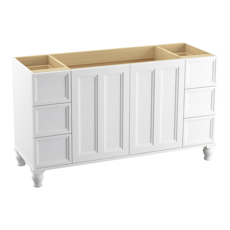 Damask 60.75" Vanity Base Only with Furniture Legs, 2 Doors and 6 Drawers, Split Top Drawers, Blanc lin