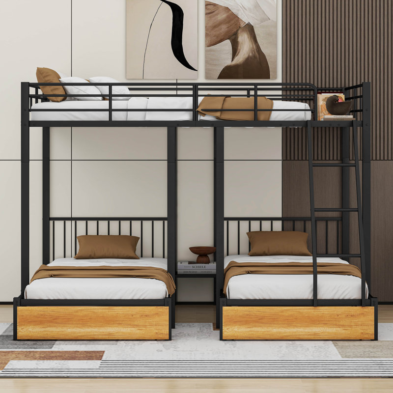 Full Over Twin & Twin Bunk Bed, Metal Triple Bunk Bed With Drawers And Guardrails, Black