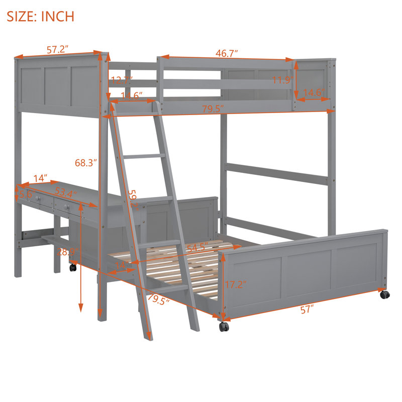 Lit superposé double au-dessus de double gris avec bureau et tiroirs de rangement, lit peu encombrant à structure en bois gris