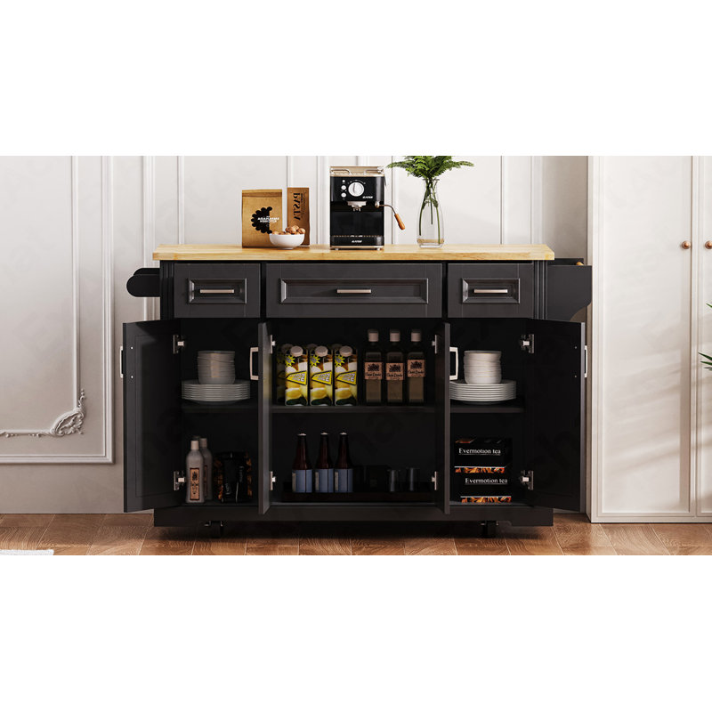 54Inch Large Kitchen Island With Rubber Wood Drop Leaf, Embossed Texture Rolling Kitchen Cart On 4 Wheels With 4 Doors And 3 Drawers, Kitchen Island With Storage For Kitchen, Dining Room