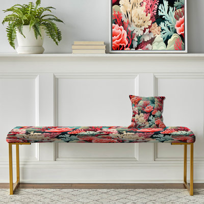 Pink And Blue Coral Coastal Reef - Coastal Upholstered Gold Bench