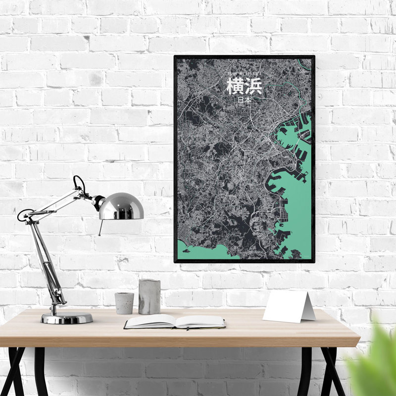 Yokohama (japonais), impression de carte de la ville, H 36 po x l 24 po, Vert/gris