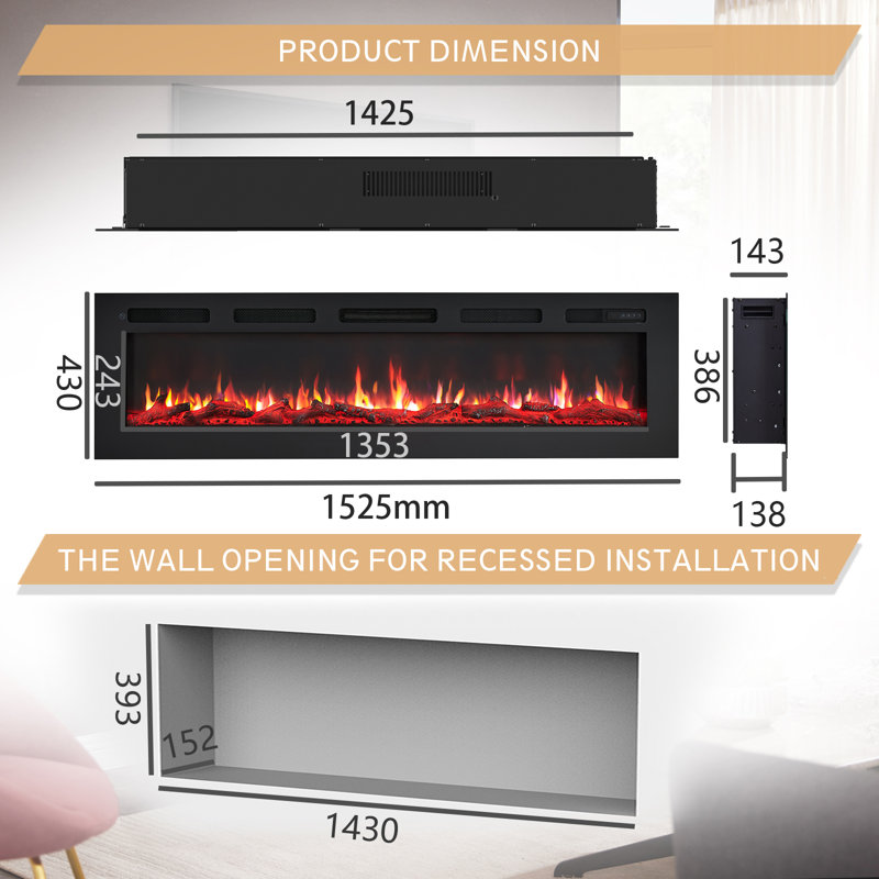 FLAMEKO Wilton Electric Fireplace, Wall Mounted, Recessed, Logs & Crystals Included, 9 Colour Flame Effect, 1.8kW Heater