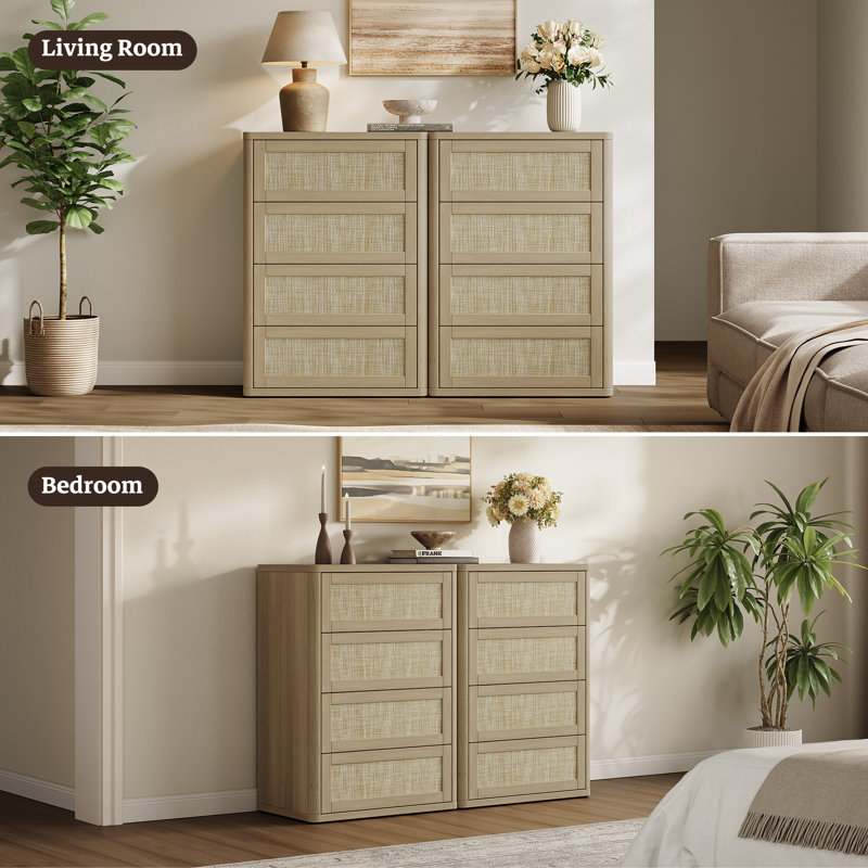Consiglia Boho-Rattan 4-Drawer Dresser, 40.5" Tall Bedroom Storage Chest for Small Spaces, Amber Oak