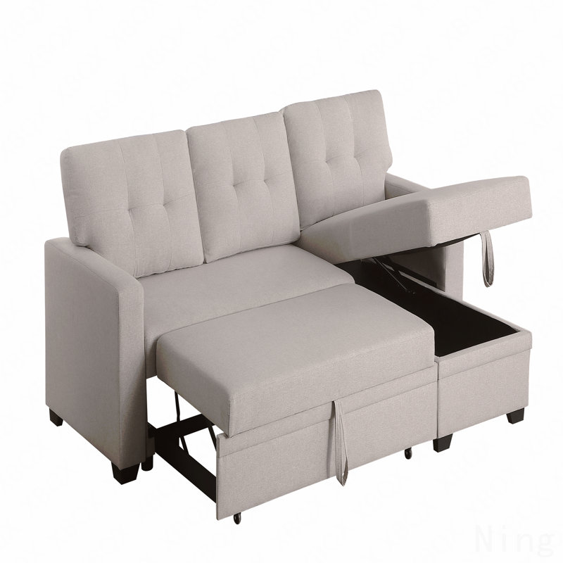 Upholstered Pull Out Sectional Sofa With Chaise, Beige