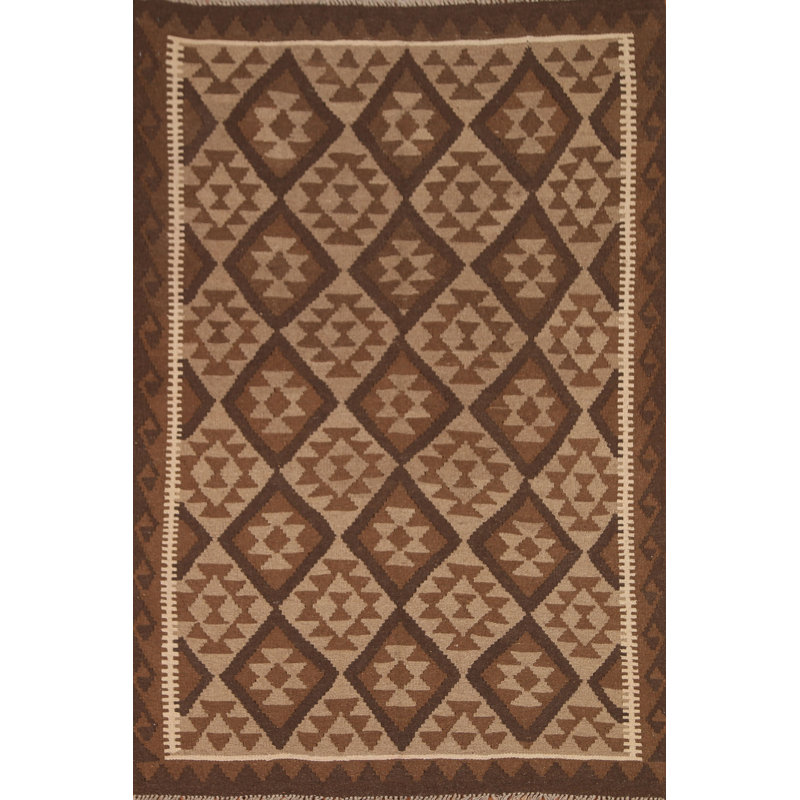 Tapis brun en laine noué à la main de conception unique 4 pi 10 po x 6 pi 6 po New Age