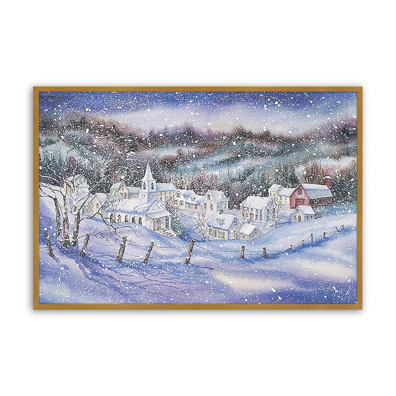 Imprimé crépuscule du village enneigé, H 12,25 po x l 15,25 po, Cadre doré poli