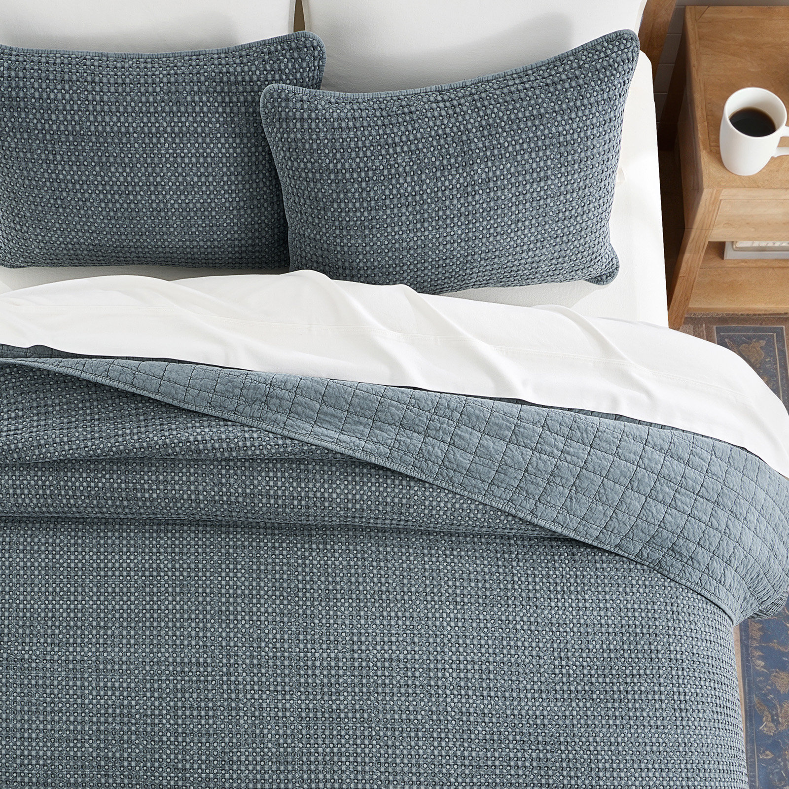 Waffle Cotton Quilt Set, Queen Quilt + 2 Standard Shams, Midnight Blue