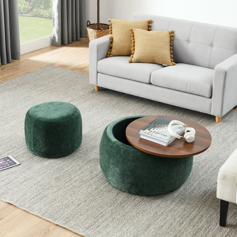 Ensemble de 2 tabourets de coiffeuse 25 po avec rangement pour la chambre à coucher, table basse, rotin tissé, table basse et tabouret pour le salon, vert