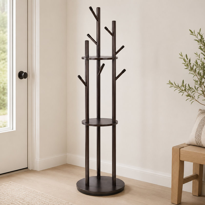 Portemanteau rotatif en bois avec tablettes, portemanteau autoportant H 64,8 po