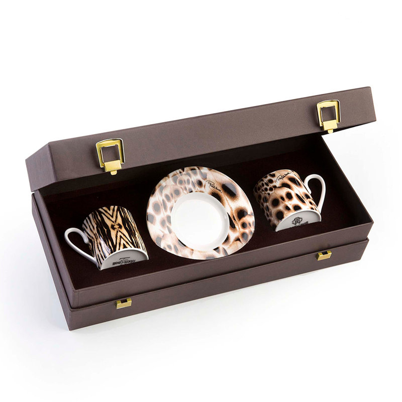 Coffee Cup & Saucer AFRICA CASABLANCA AND MALINDI Set of 2 in Luxury Box diam. 2.3in, H 2.5in, Cap. 4 oz, Saucer diam. 4.75in