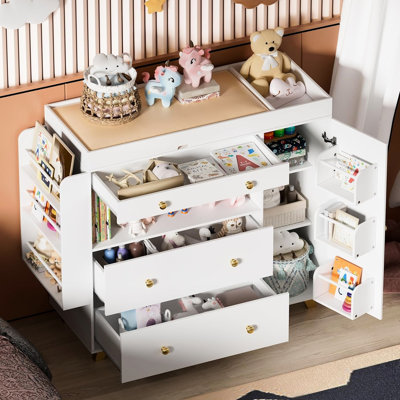 Changing Table With Wide Top And 3 Drawers, Easy - To Assemble Product, 54" Vanity 12 Drawer Cabinet, Open Shelves For Bedroom Organization Modern Dresser Drawers Top, Assembled Based, Decor