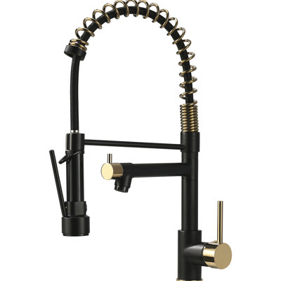 Robinet d'évier de cuisine moderne avec bec rétractable, noir et or, rotation de 360 degrés, poignée à levier unique + rotatif doré,