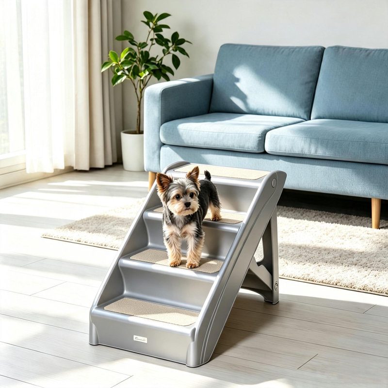 Foldable 4 Step Pet Stairs with Non-Slip Mats, Beige Plastic Pet Ramp for Small Dogs & Cats, Supports up to 10kg, 62 x 38 x 49.5cm