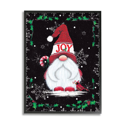 Joyeux gnome rouge et cardinal houx, bordure botanique encadrée noire, art texturé par Lisa Kennedy