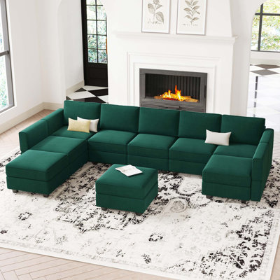 Teangela 116.6'' Variable Sectional U Shape Couch Module Velvet Sofa Bed with Storage Seat Ottoman