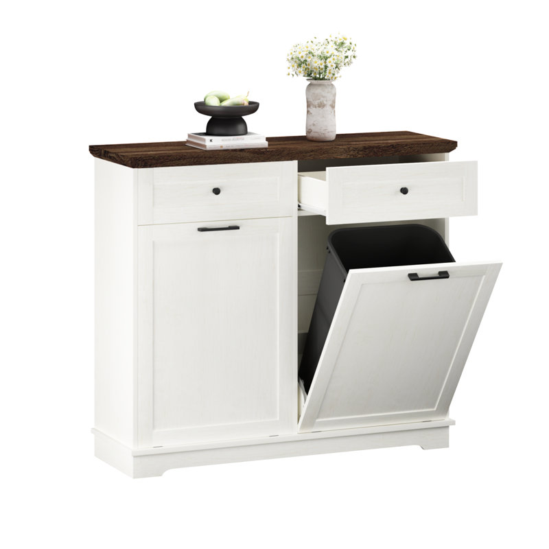 Armoire à poubelle double inclinable 20 gallons, armoire de recyclage autoportante en bois blanc antique avec tiroir dissimulé, support de poubelle à l'épreuve des animaux de compagnie pour le salon de la cuisine
