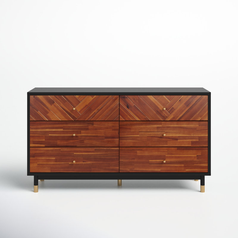 Tigner 55.13" W 6-Drawer Solid Acacia Wood Double Dresser with Gold Handles