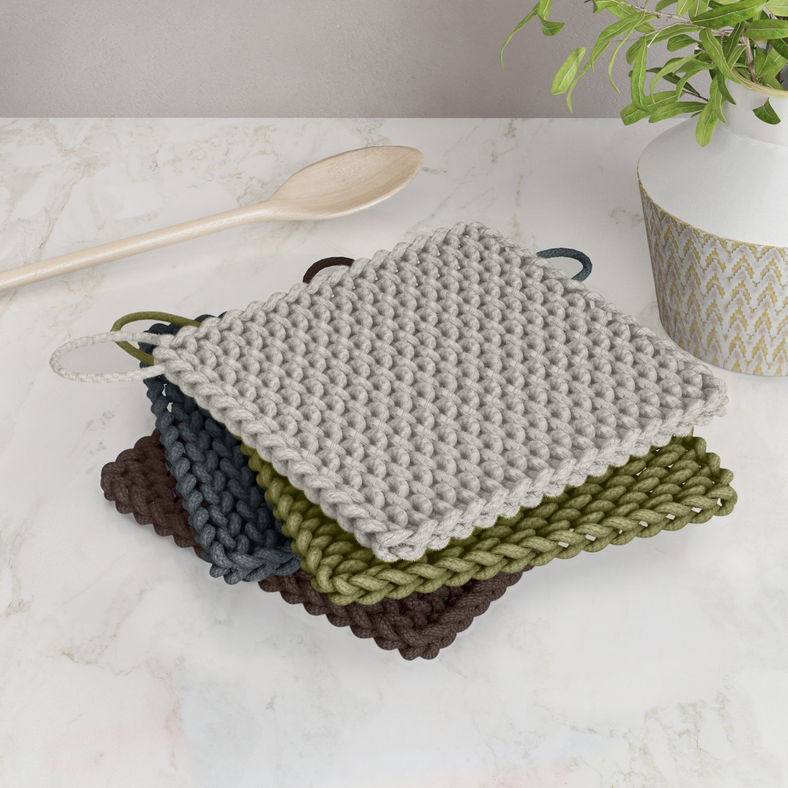 Elodia Joss & Main Crocheted 2-Piece Potholder, Brown/Green/Gray/White