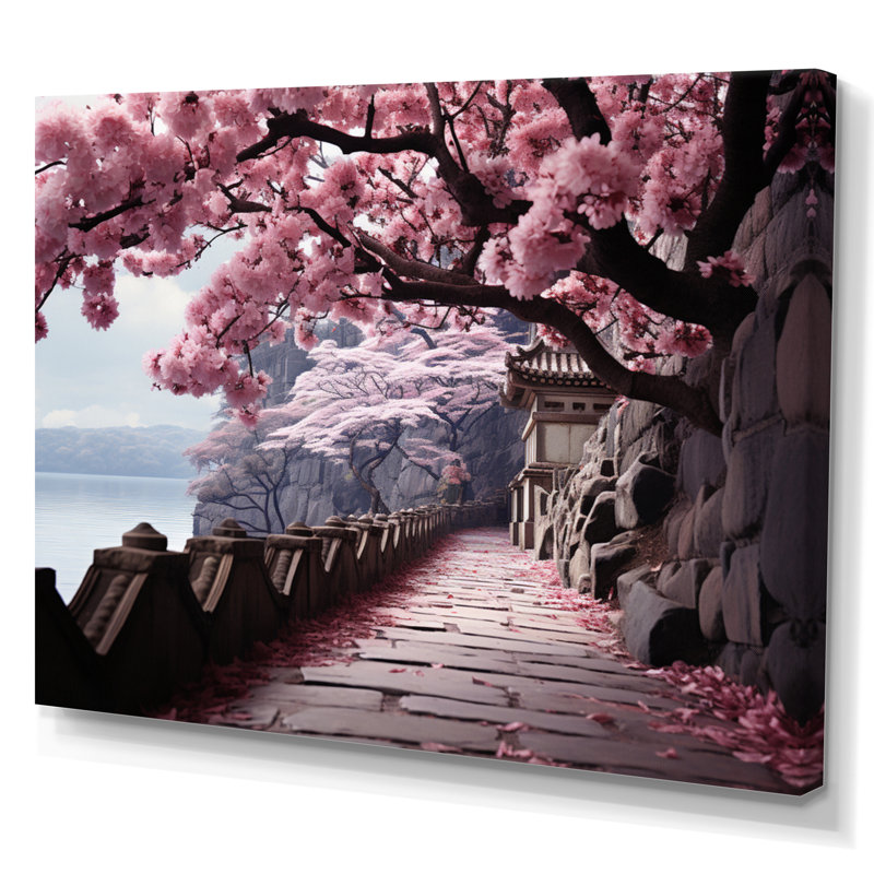 Art du Japon, chemin de fleurs de cerisier rose - Art encadré, H 34 po x l 44 po x P 1,5 po, Toile tendue