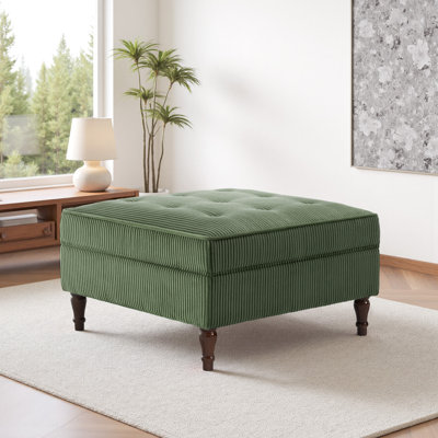 Upholstered Green Square Tufted Corduroy Flip-Tray Top Storage Ottoman, Single Ottoman Modular Part For Sectional Sofa