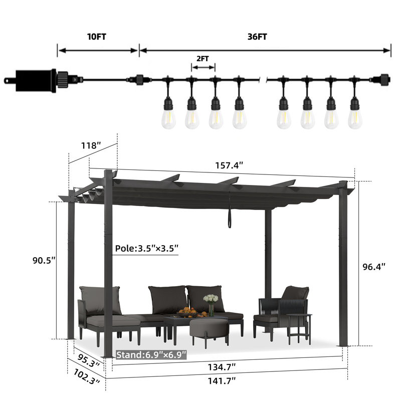 13 Ft. W x 10 Ft. D Metal Pergola with Canopy, Gray