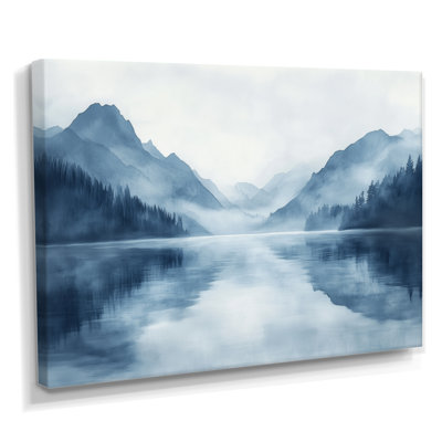 «Misty Morning Mountain Lake I», art mural paysage bleu