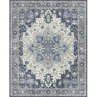 Traditional Oriental Distressed Medallion Navy Blue / Ivory Machine Washable Non-Slip Area Rug