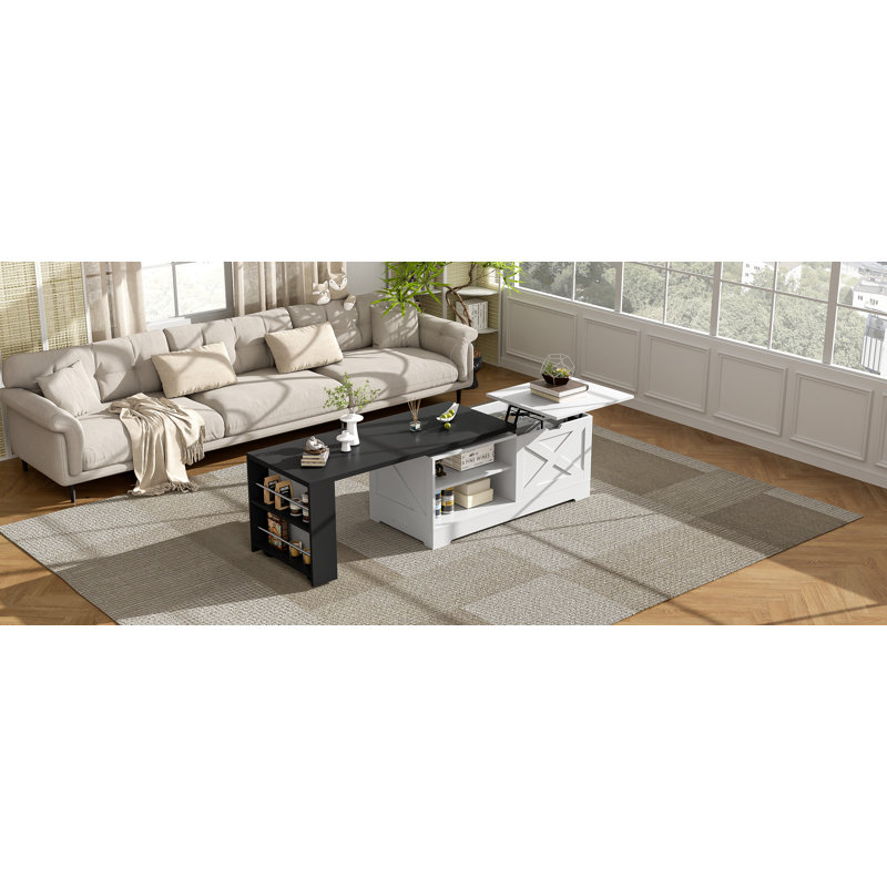 Farmhouse Lift Top Coffee Table With Barn Doors, Wood Rectangle Center Table With Hidden Storage, For Living Room/Home Office | Gift Idea