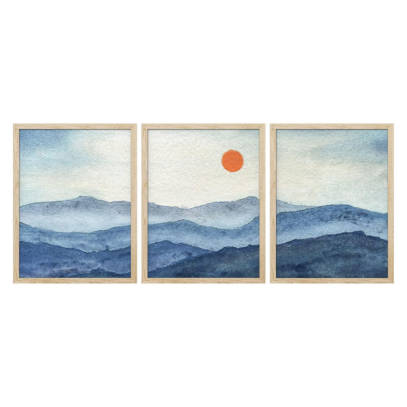 Idea4WALL, art mural encadré Blue Mountain Range, ensemble de 3 impressions murales paysage soleil rouge, décoration murale nature sauvage pour salon, chambre à coucher 3 pièces