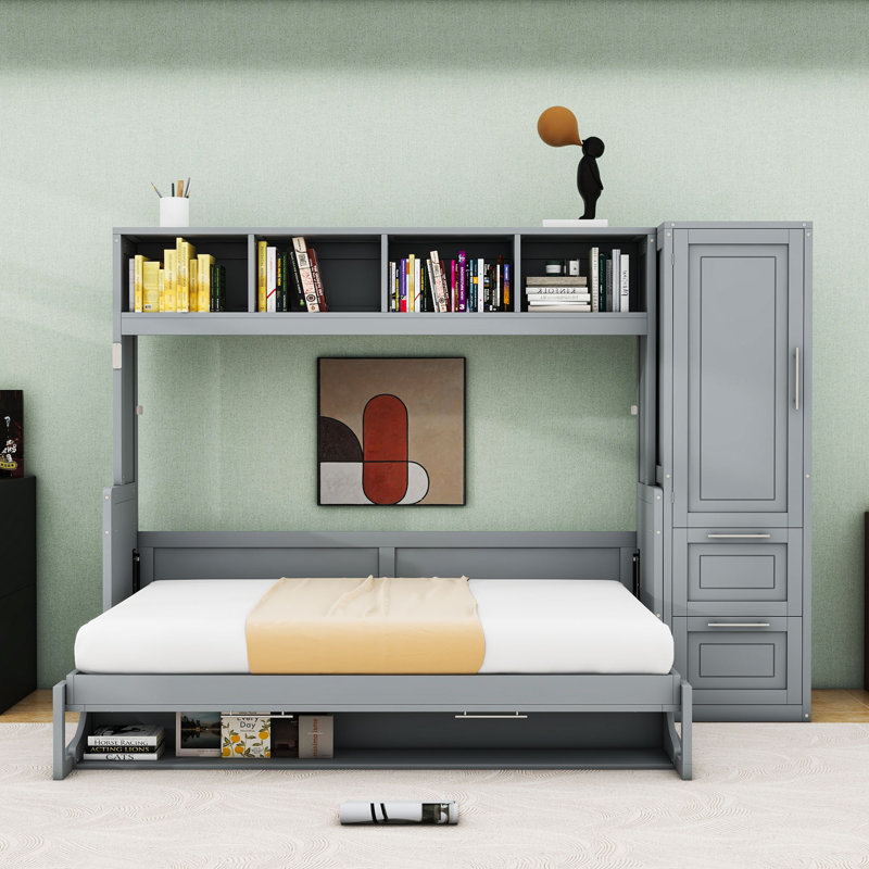 Lit escamotable double en bois avec garde-robe latérale et tiroirs de rangement, Gris