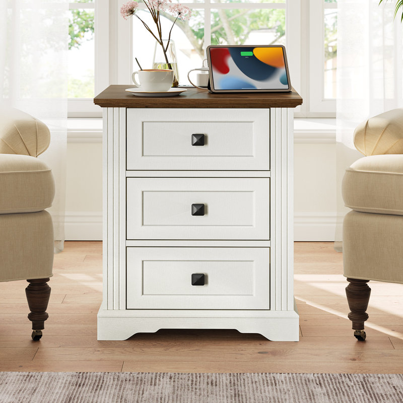 Farmhouse 17.7"W Nightstand 3-Drawer End Table with Charging Station, White/Walnut