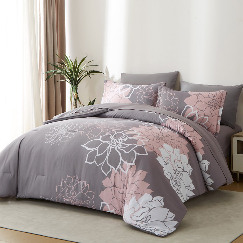 King Size Comforter Set,Pink Floral Bedding Sets 7 Pieces Bed in a Bag with Sheets, Pillowcases & Shams, Pink
