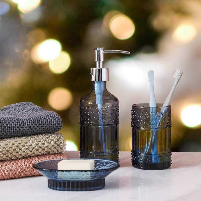 4-Piece Blue Mosaic Bathroom Set: Soap Dispenser, Tray, Jar, Toothbrush Holder
