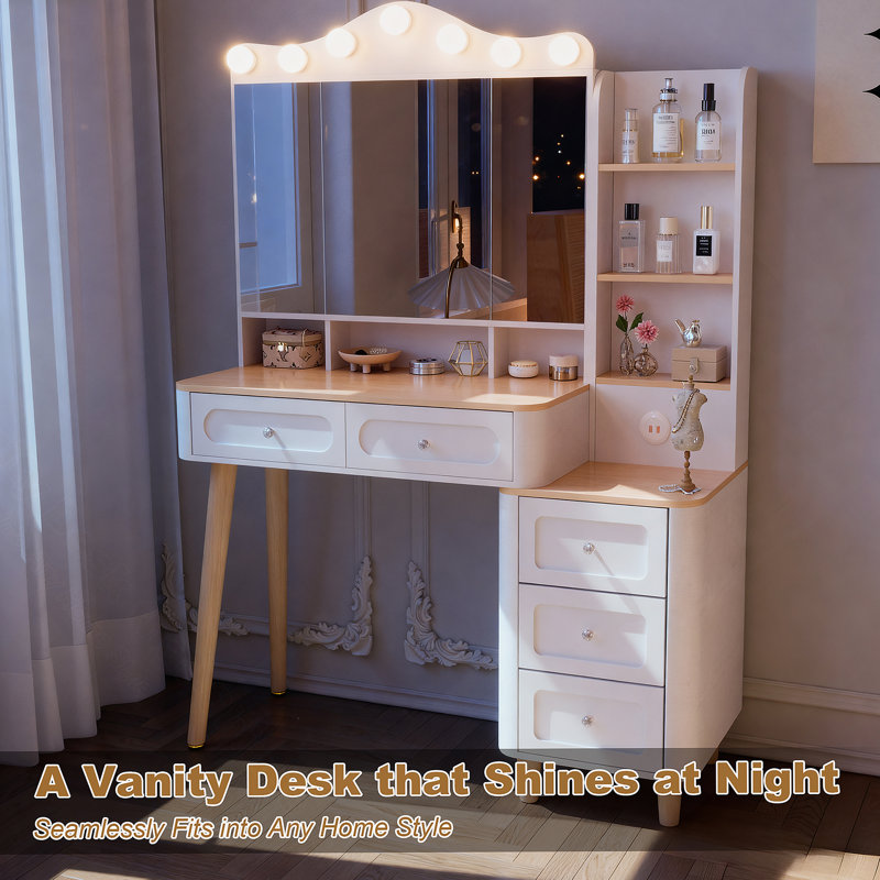 Bureau de meuble-lavabo avec miroir et lumières, meuble-lavabo de maquillage avec 2 barrettes d'alimentation USB, ensemble de meuble-lavabo avec deux tiroirs et commode à trois tiroirs, 3 modes d'éclairage à luminosité réglable, miroir pliable à trois côtés (blanc)