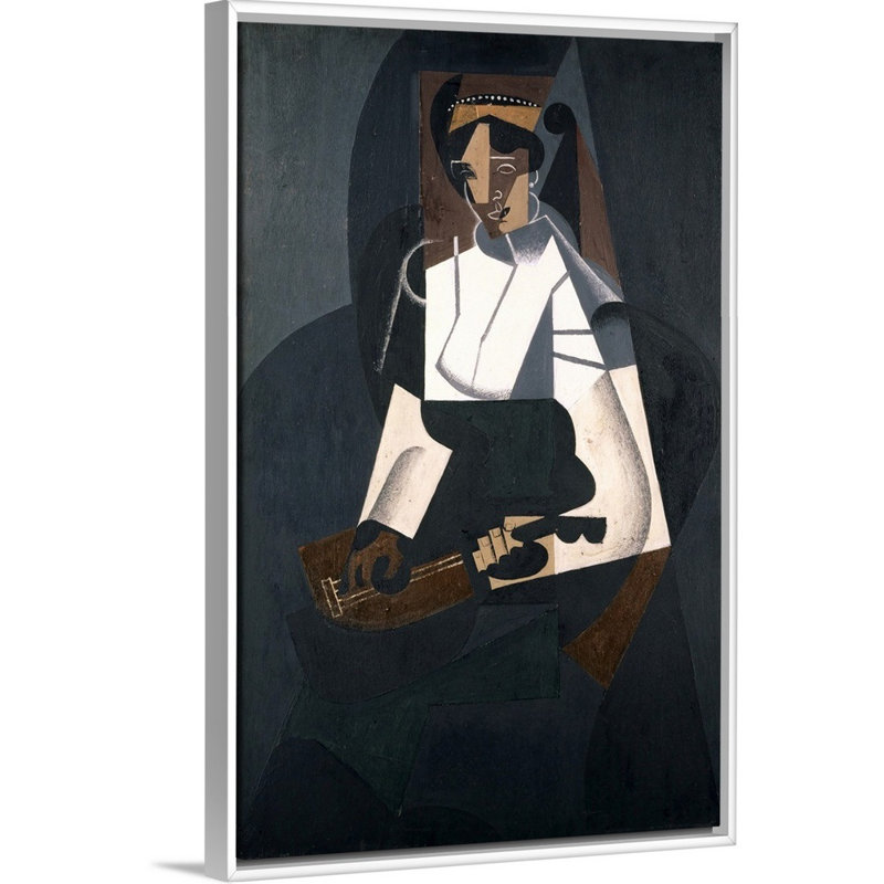 Woman With Mandolin, After Corot by Juan Gris - Painting on Canvas, White Floater Framed Canvas, 50" H x 34" W x 1.75" D