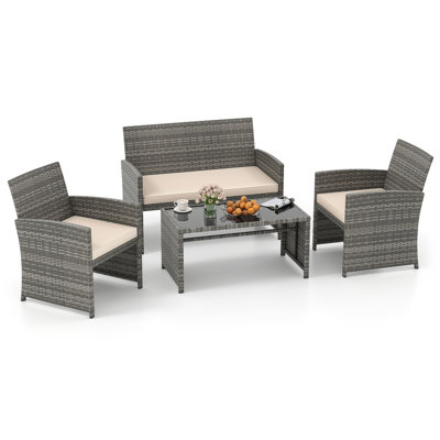 4 Piece Patio Conversation Set Rattan Chair Loveseat & Table Set With Seat Cushions