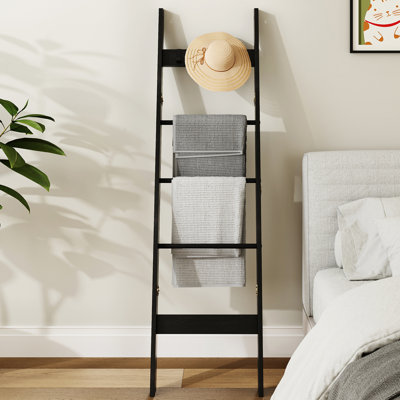 Blanket Ladder for Living Room, Decorative Quilt Rack with 4 Removable Hooks, 5-Tier Farmhouse Ladder Holder Shelf Organizer for Bedroom, Black