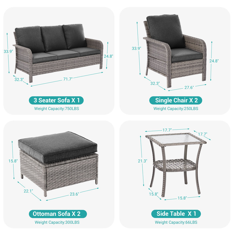 6 Piece Patio Sofa with Table Set with Cushion, Black Grey