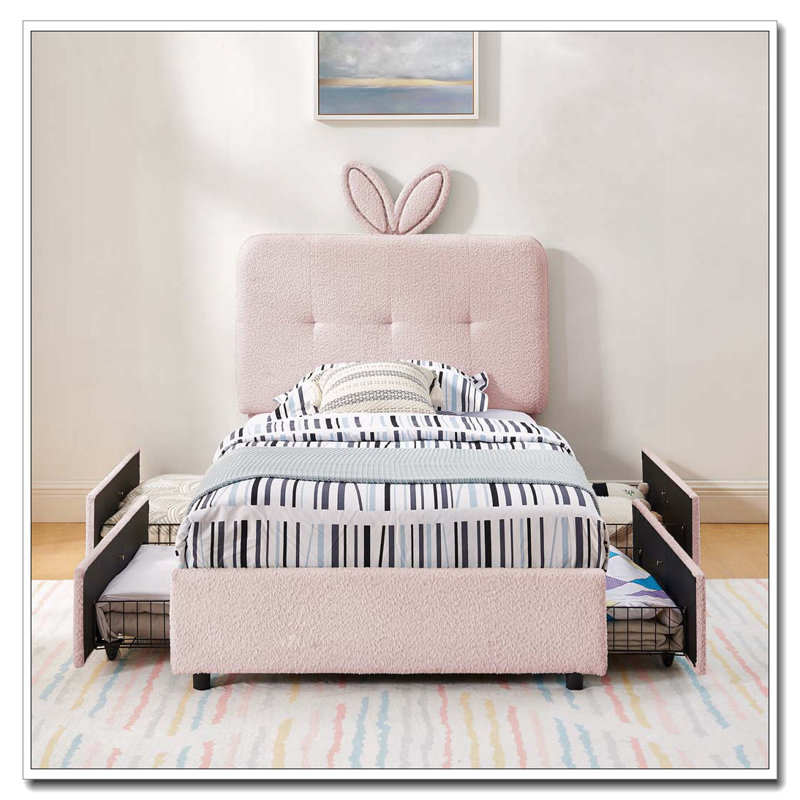 Lit tapissier avec tête de lit surdimensionnée, lumière DEL et 4 tiroirs de rangement, Lit simple, Rose