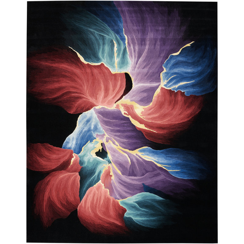 Tapis rouge / mauve / bleu en viscose touffeté à la main, Rectangle 7 pi 9 po x 9 pi 9 po