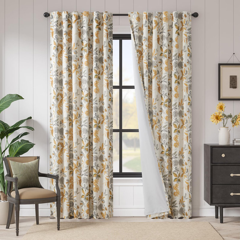 Linen Blend Leaf Print Blackout Curtains for Living Room, Yellow, 50" W x 84" L