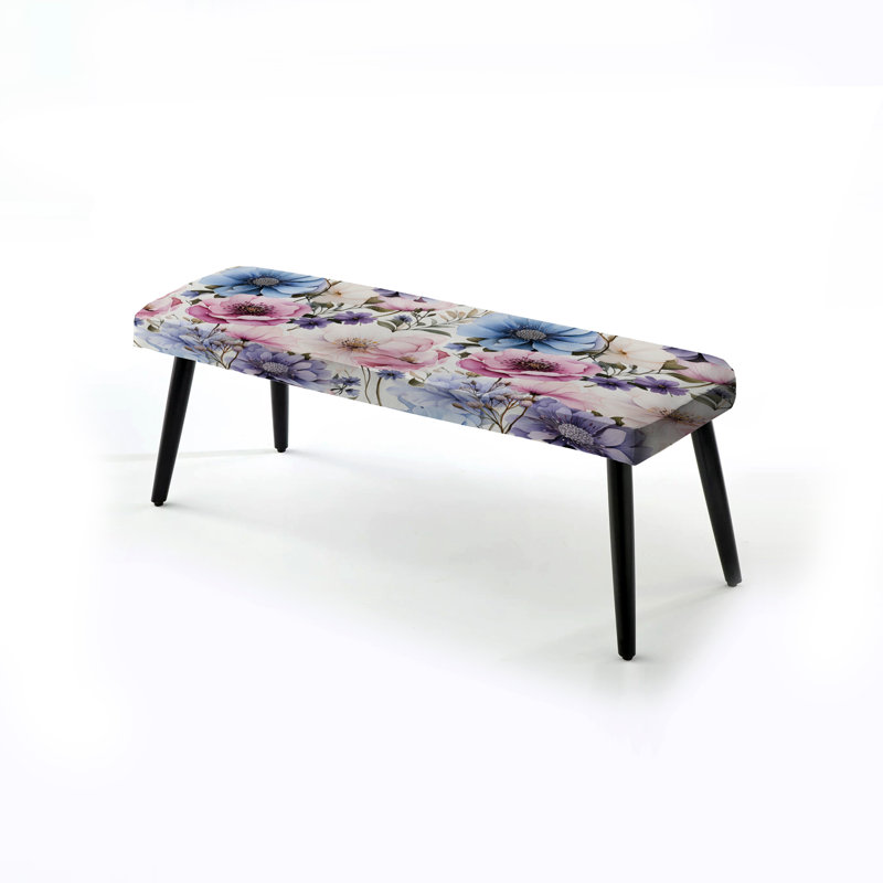 Mauve et bleu, toile florale sereine à l'aquarelle - Banc noir rembourré floral