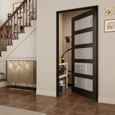 Intérieur avec cadre noir 5 portes et porte en verre givré, porte pré-montée en panneau de fibres à densité moyenne CARB P2 avec verre trempé de type GSC, avec trousse de joint, bande d'étanchéité, charnières noires et à droite, préfini et résistant aux égratignures, garde-manger, chambre à coucher, salle de bain et garde-robe , 32 po x 80 po