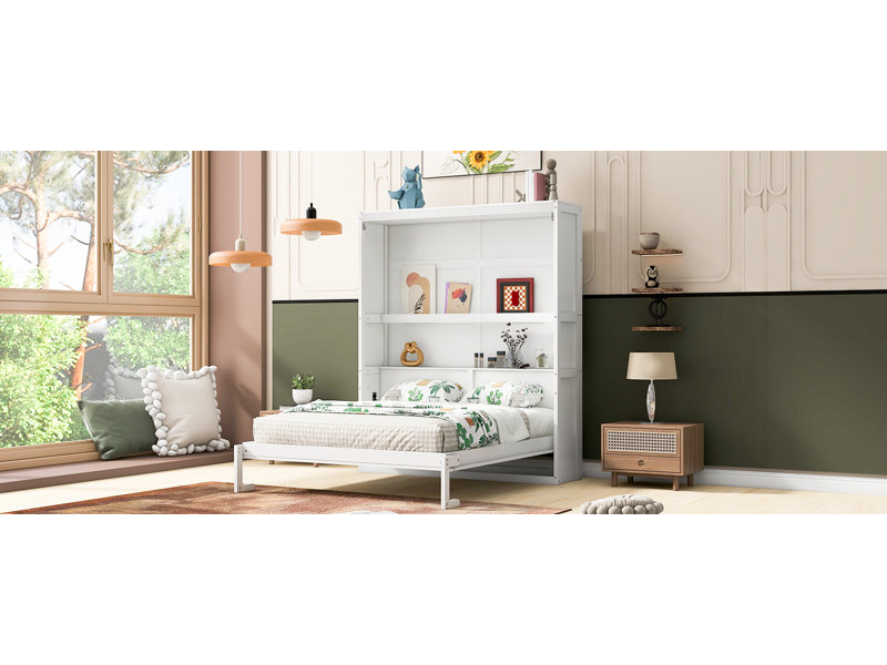Murphy Bed Wall Bed With Shelves, White, Queen