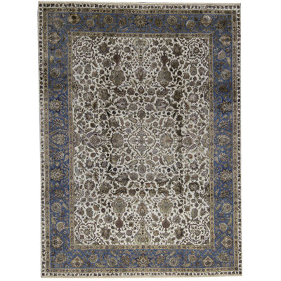 Tapis ivoire et bleu noué à la main de haute qualité