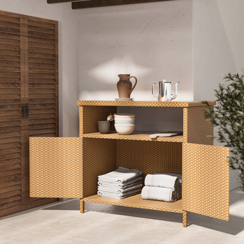 Caetlin Rectangular Wicker/Rattan Outdoor Buffet & Console Table, Natural Brown