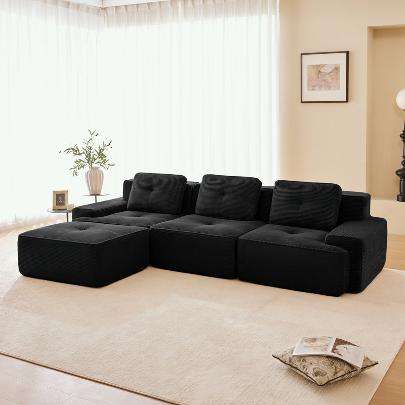 Canapé modulaire en L en velours côtelé avec siège profond et repose-pieds mobile, H 32,7 po x l 117,30 po x P 69,70 po